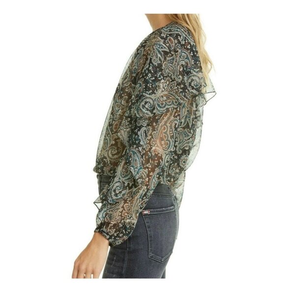 JOIE Kriston Paisley ruffle chiffon blouse black sheer whimsigoth L flowy caviar - Picture 13 of 13